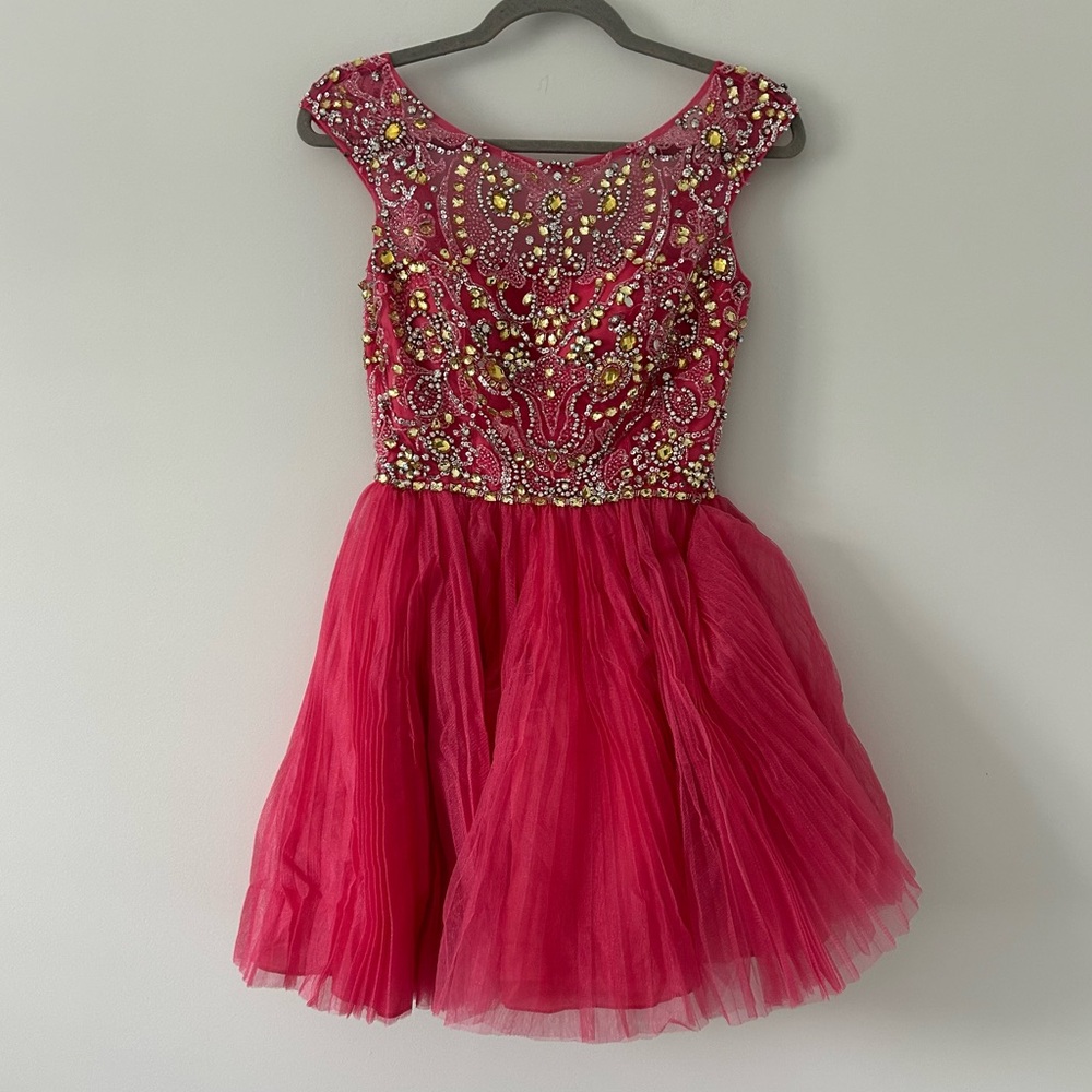 Sherri Hill Bright Pink Beaded Sequin Tulle Mini Skirt Pageant Prom Dress 2